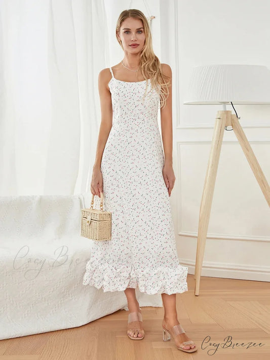 Spaghetti Strap Ruffled Long Sweet Sling Bubble Hem A-line Dress floraldress-250126