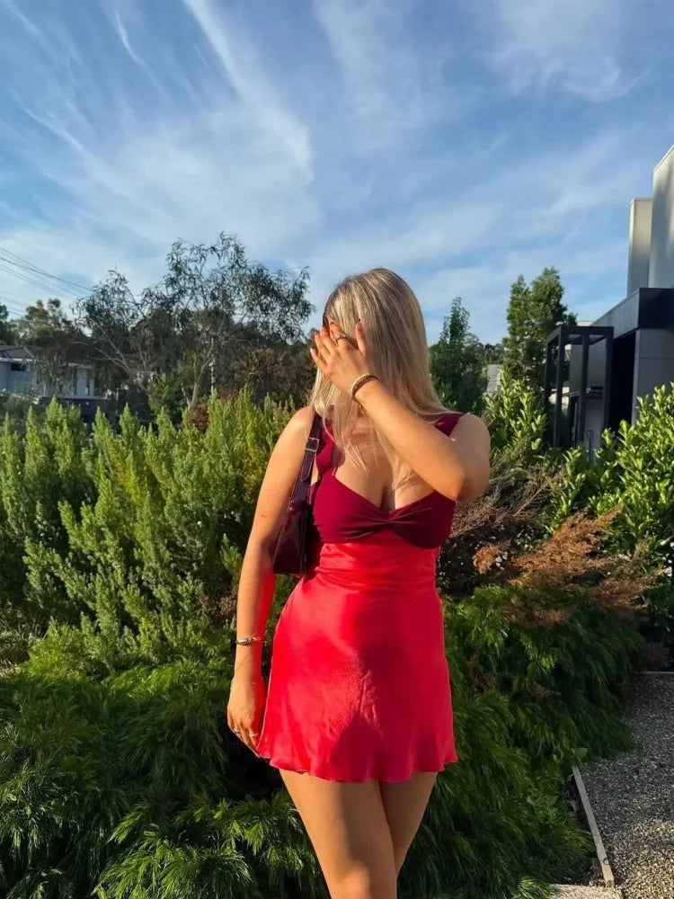 Spaghetti Strap Satin Mini Dress Red / S minidress-250223