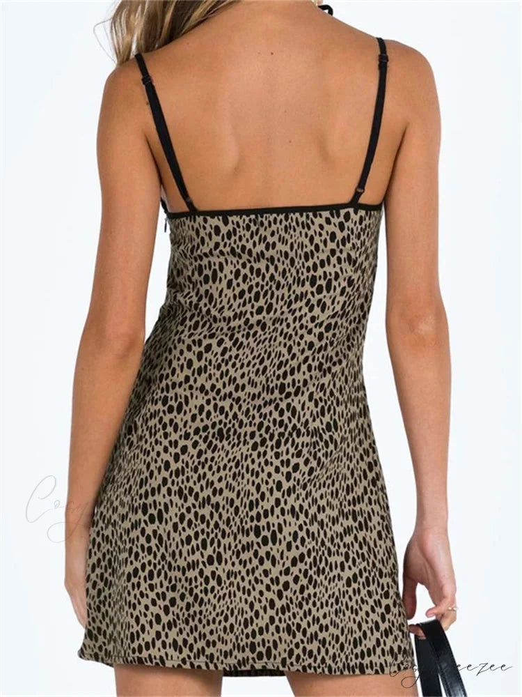 Spaghetti Strap Sleeveless Summer Leopard Print Party Mini Dress