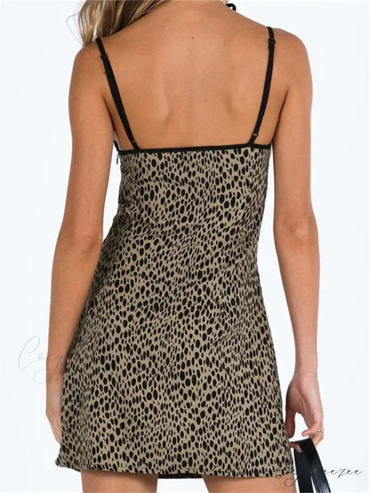 Spaghetti Strap Sleeveless Summer Leopard Print Party Mini Dress