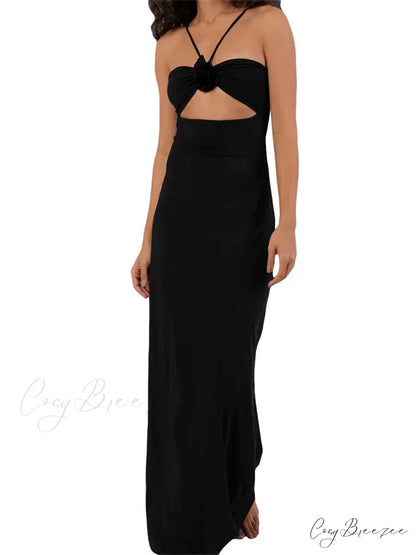 Spaghetti Strap Sling for Women 3D Flower Hollow Out Summer Party Cocktail Female Vestidos Clubwear Black / S