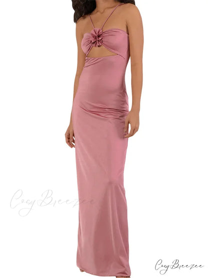 Spaghetti Strap Sling for Women 3D Flower Hollow Out Summer Party Cocktail Female Vestidos Clubwear Pink / S