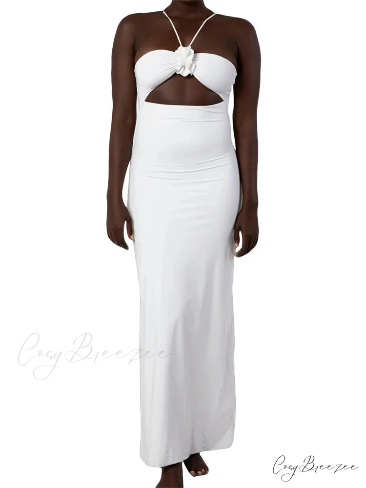 Spaghetti Strap Sling for Women 3D Flower Hollow Out Summer Party Cocktail Female Vestidos Clubwear WHITE / S