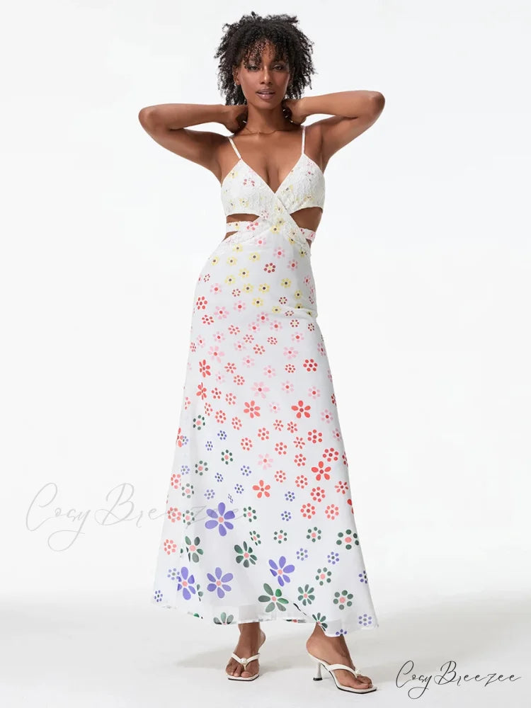 Spaghetti Straps Elegant Backless Bow Cross Dress floraldress-250126