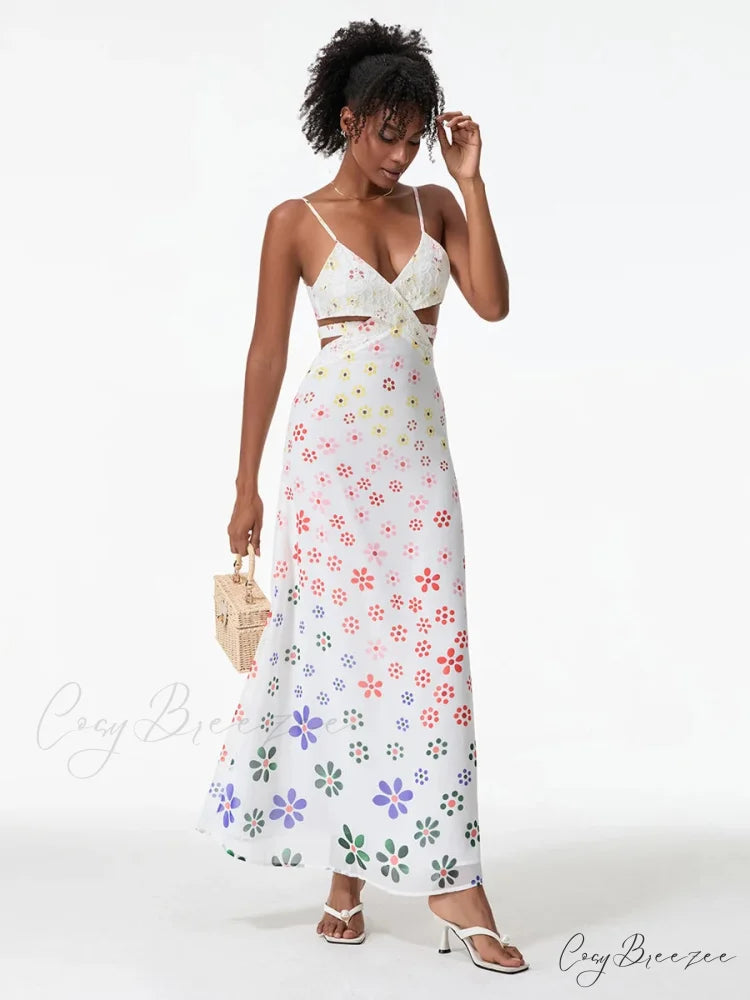 Spaghetti Straps Elegant Backless Bow Cross Dress floraldress-250126
