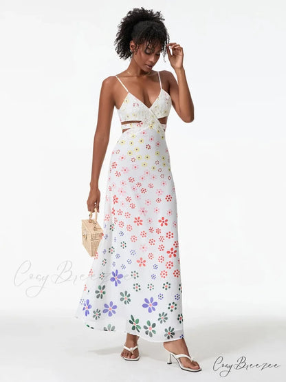 Spaghetti Straps Elegant Backless Bow Cross Dress floraldress-250126