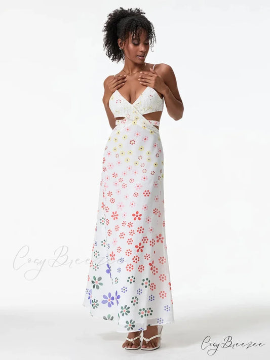 Spaghetti Straps Elegant Backless Bow Cross Dress floraldress-250126
