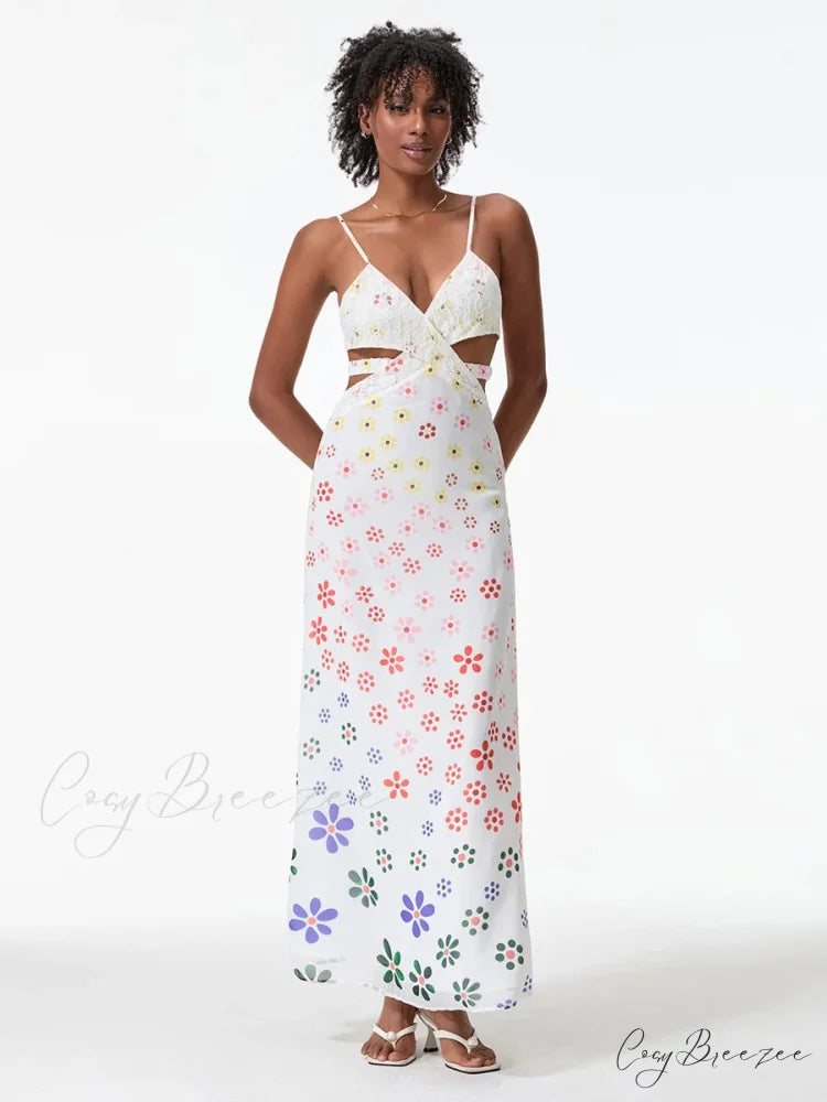 Spaghetti Straps Elegant Backless Bow Cross Dress floraldress-250126