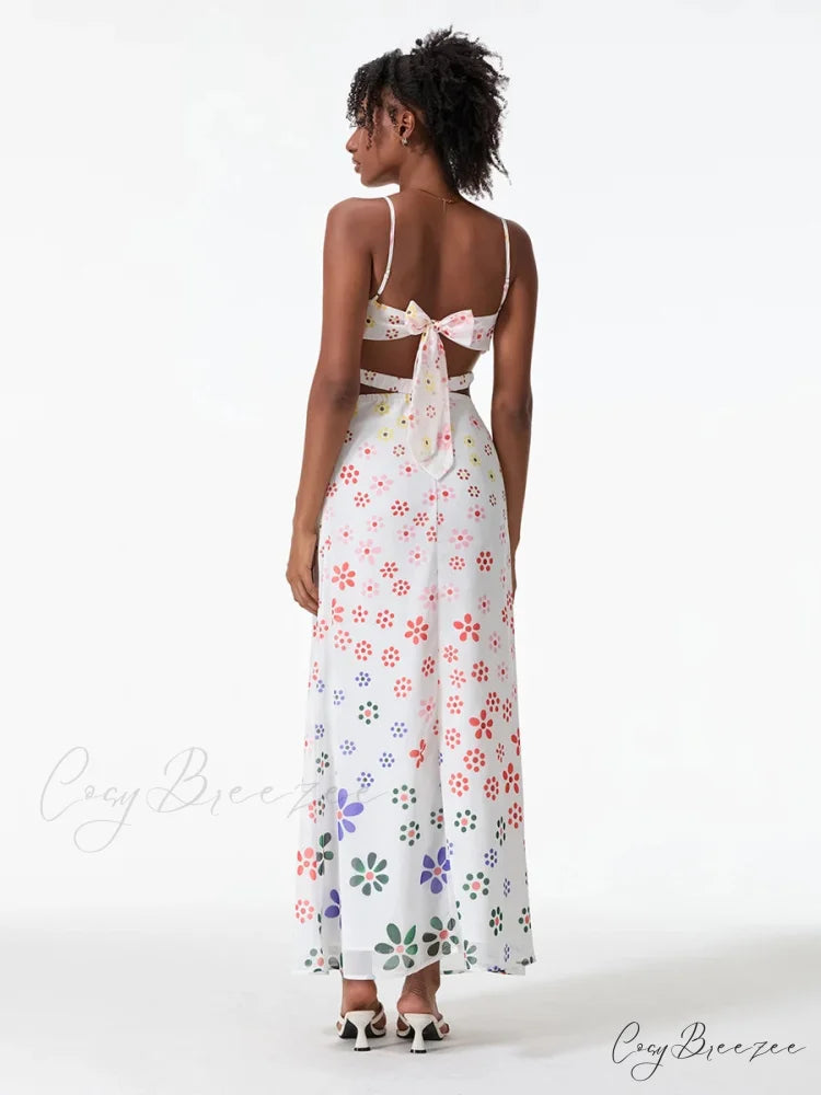 Spaghetti Straps Elegant Backless Bow Cross Dress floraldress-250126