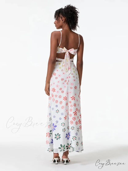 Spaghetti Straps Elegant Backless Bow Cross Dress floraldress-250126