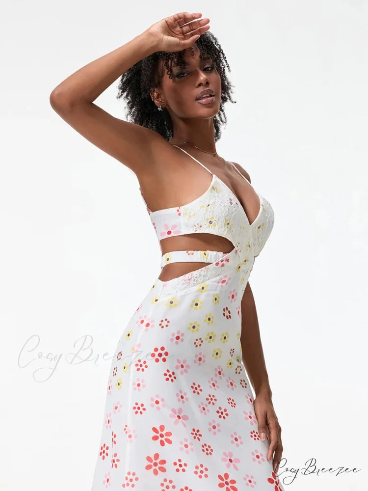 Spaghetti Straps Elegant Backless Bow Cross Dress floraldress-250126