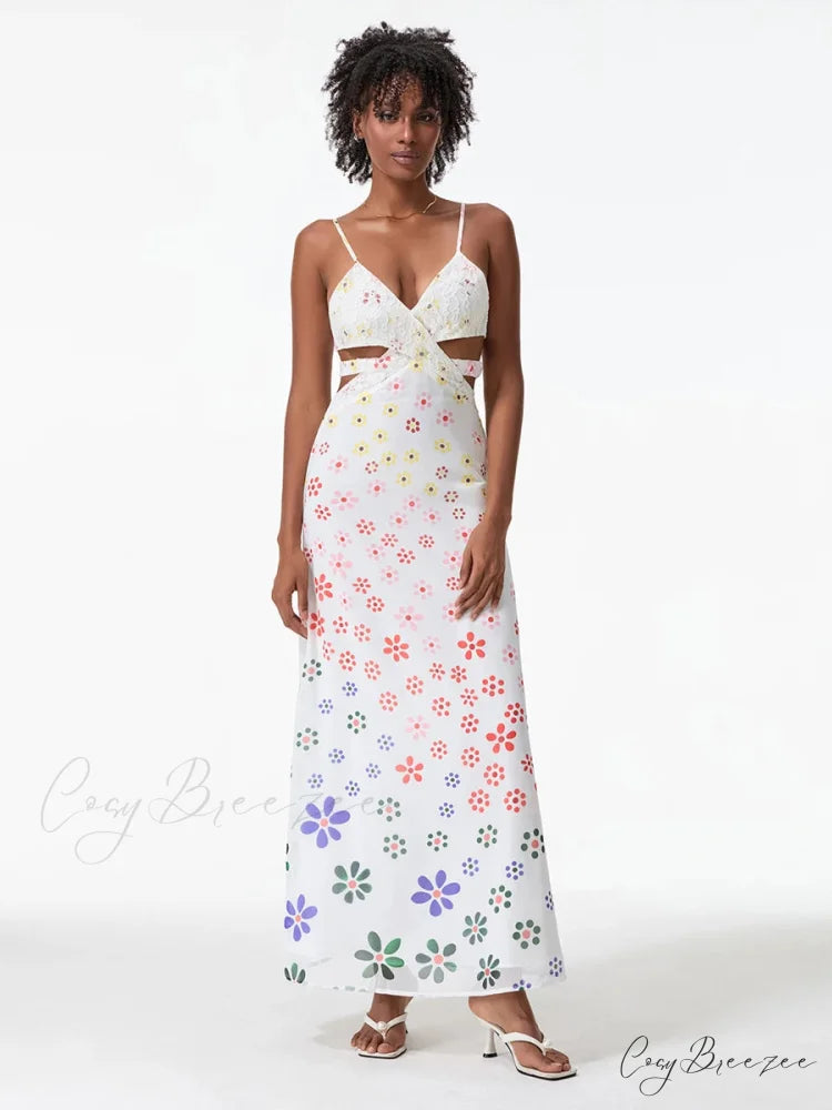 Spaghetti Straps Elegant Backless Bow Cross Dress WHITE / S floraldress-250126