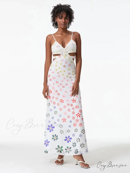 Spaghetti Straps Elegant Backless Bow Cross Dress WHITE / S floraldress-250126