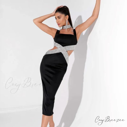 Sparkling Diamonds Midi Party Dress Black / S
