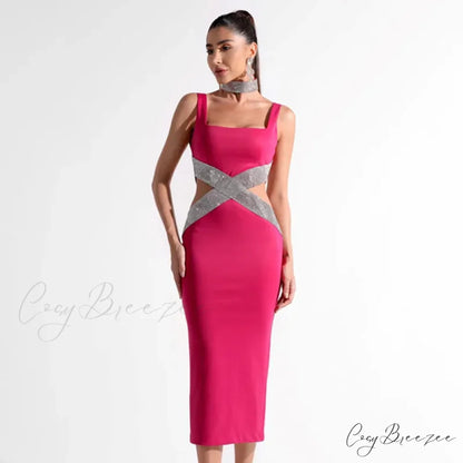 Sparkling Diamonds Midi Party Dress Rose Red / S