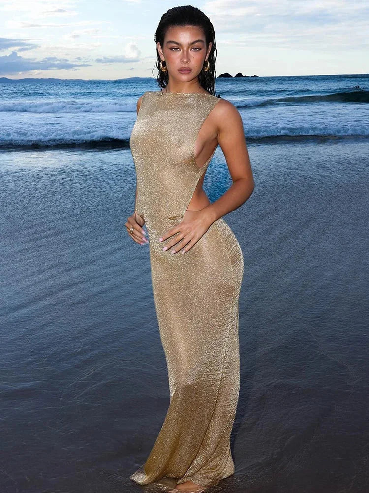 Sparkling Glitter Fitted Holiday Dress Khaki / S vacationdress-250223