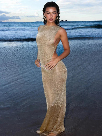 Sparkling Glitter Fitted Holiday Dress Khaki / S vacationdress-250223