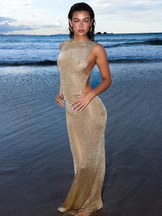 Sparkling Glitter Fitted Holiday Dress Khaki / S vacationdress-250223