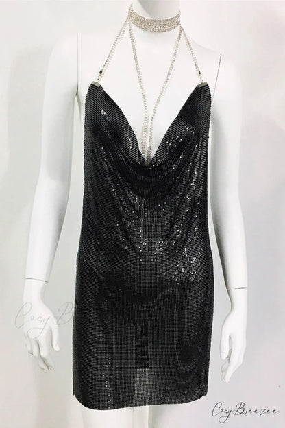 Sparkling Rhinestone Cami Dress Black / A-Rhinestone Halter / S