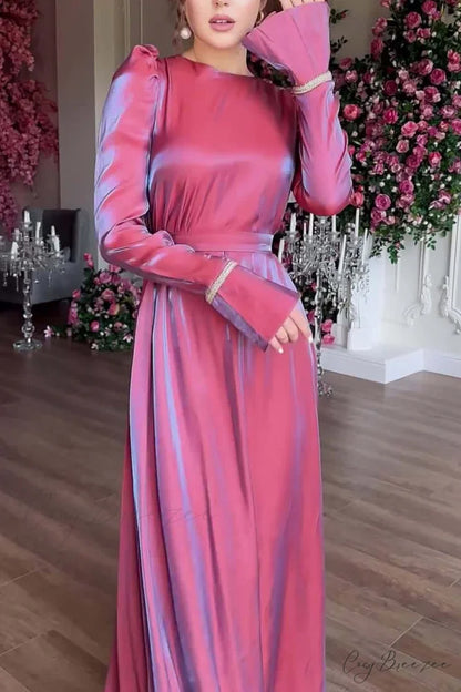 Sparkling Satin Puff Sleeve Midi Dress with Glitter Finish Purple Red / M