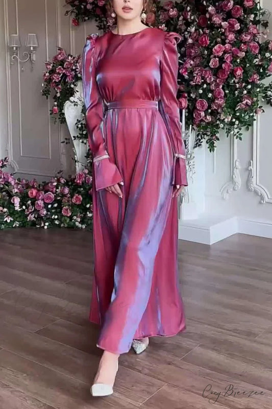 Sparkling Satin Puff Sleeve Midi Dress with Glitter Finish Purple Red / S