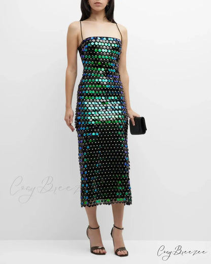 Sparkling Sexy Slim Sequin Dress Spaghetti Strap Sleeveless Sling Christmas Party Dress Green / S
