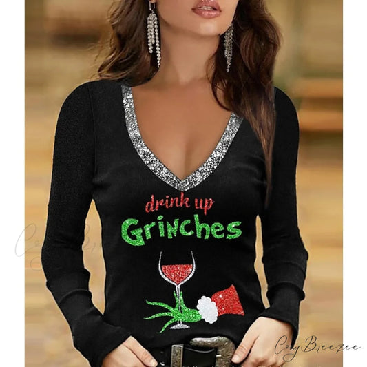 Sparkly 3D Painting shirt Green Wine / Christmas Regular T Weekend Design V Fuchsia Tee Women’s Neck Long S Tree Arm