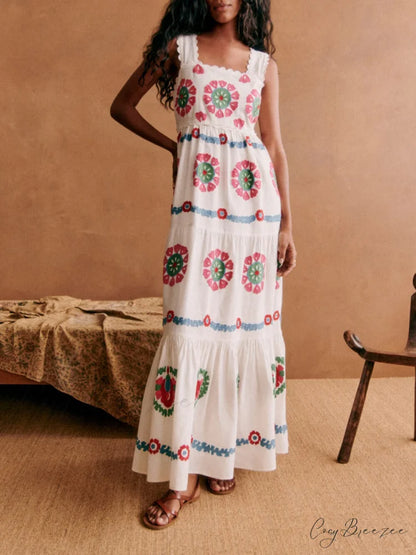 Special Ethnic Stylish Print Lace Dress Green / S