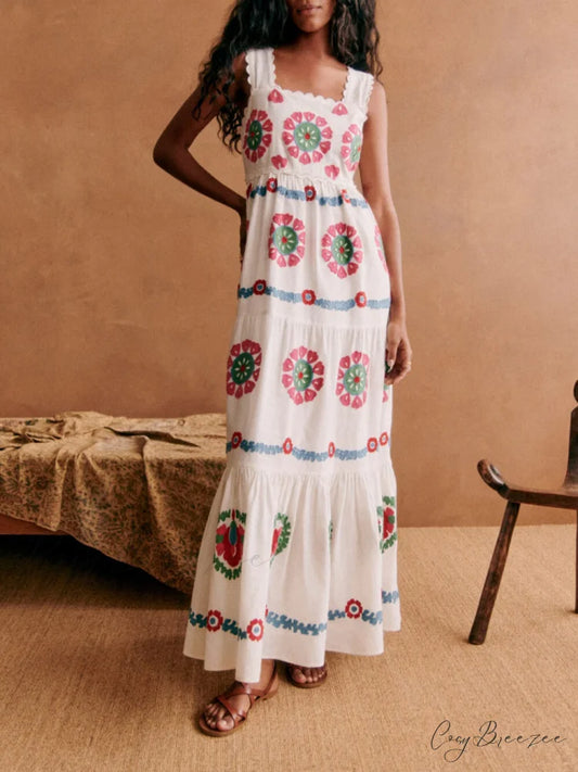 Special Ethnic Stylish Print Lace Dress Green / S