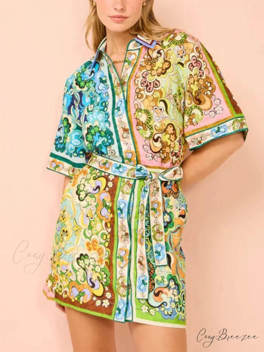 Special Satin Stylish Print Mini Dress Multi-Color / S
