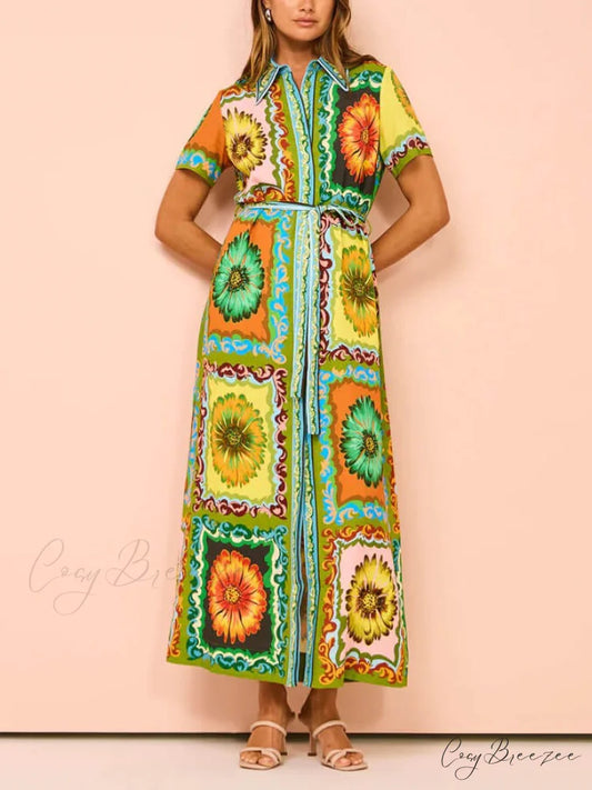 Special Sunflower Stylish Print Midi Dress Multi-Color / S