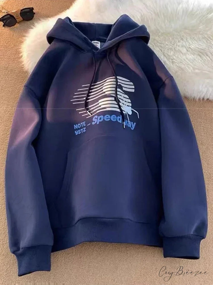 Speedway Letter Graphic Hoodie Navy Blue / M(40-45KG) hoodies-241228