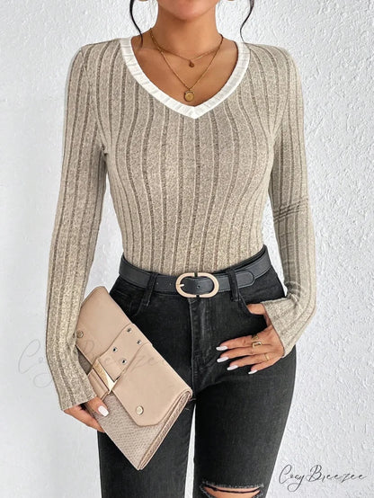 Spice Girl Sexy Thin V-Neck Design Personality T-shirt Women khaki / XS knittop-250126