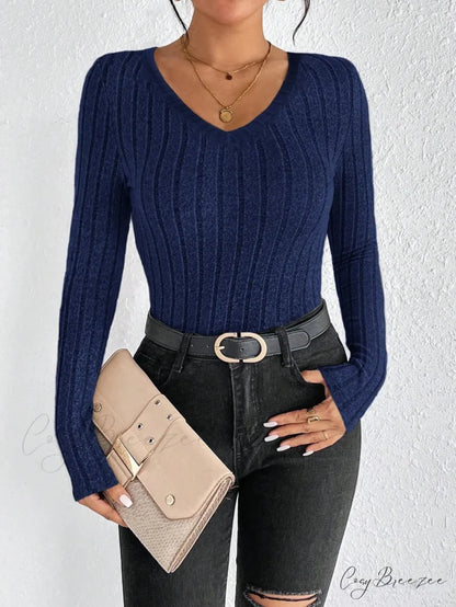 Spice Girl Sexy Thin V-Neck Design Personality T-shirt Women navy blue / XS knittop-250126