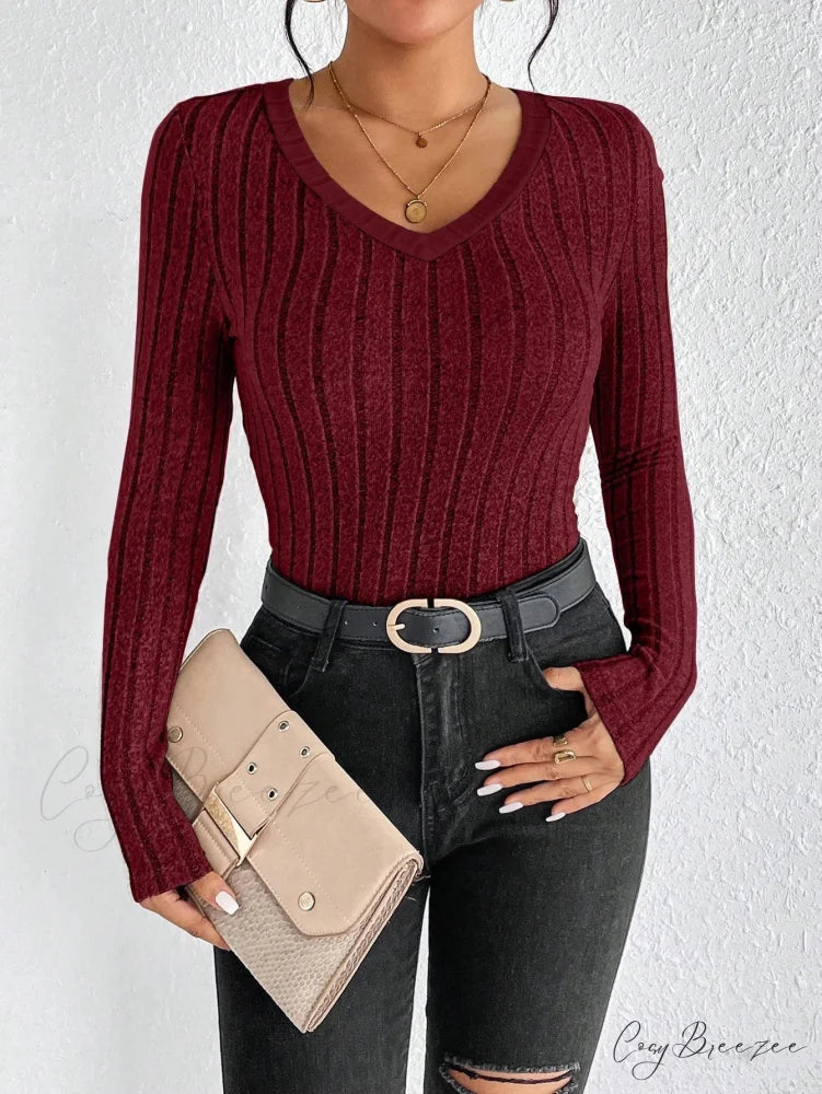 Spice Girl Sexy Thin V-Neck Design Personality T-shirt Women wine red / XS knittop-250126