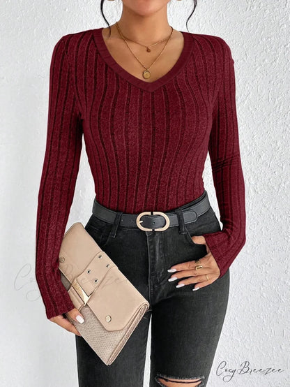 Spice Girl Sexy Thin V-Neck Design Personality T-shirt Women wine red / XS knittop-250126