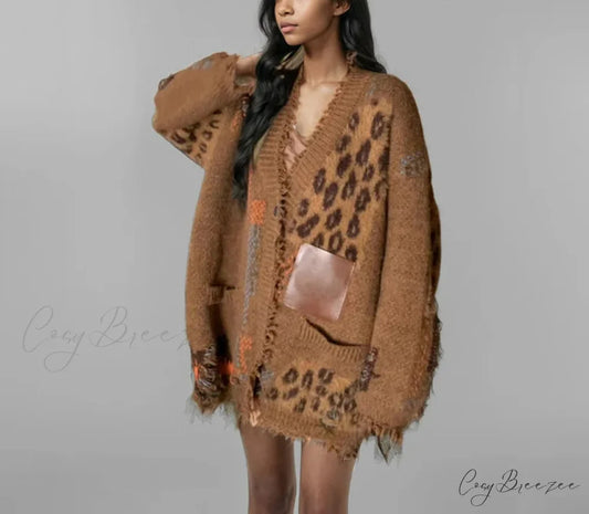 Spliced Leopard Loose Knit Cardigan Chocolate Color / One Size cardigans-241228