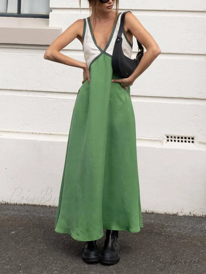 Splicing Chic V-neck Charming Contrasting Color Dress