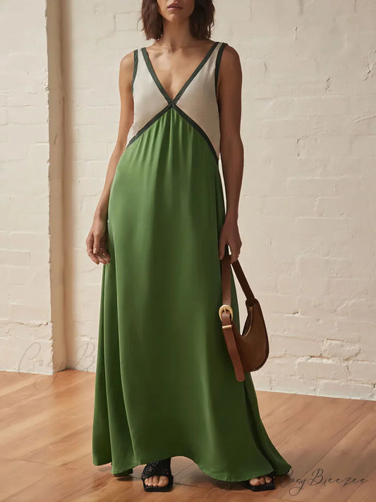 Splicing Chic V-neck Charming Contrasting Color Dress Green / S