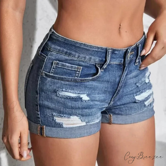 Split Denim Curled Cuff Shorts Blue / S short-250223