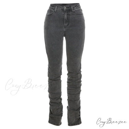Split Grey Up Denim Trousers Style Stacked Bodycon Streetwear Jeans Ruched Baddie Waist Zip Pants High Women