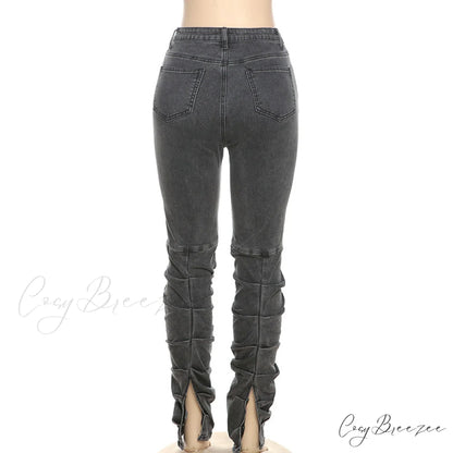 Split Grey Up Denim Trousers Style Stacked Bodycon Streetwear Jeans Ruched Baddie Waist Zip Pants High Women
