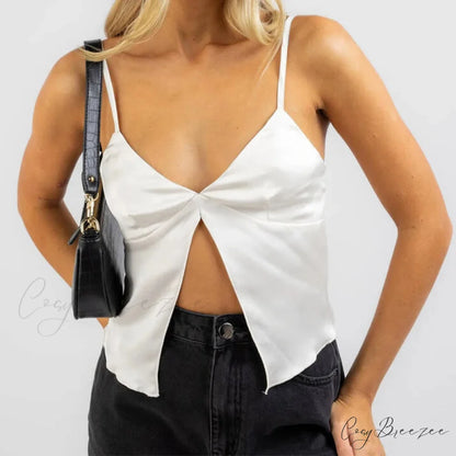 Split Hem Ruched V-Neck Crop Top croptop-250223