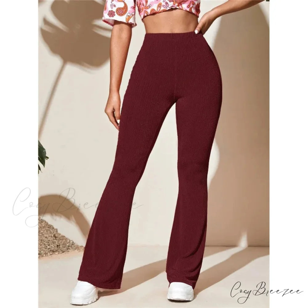 Split Knitted Wide Leg Loose Fitting High Waisted Draped Casual Pants Claret / S