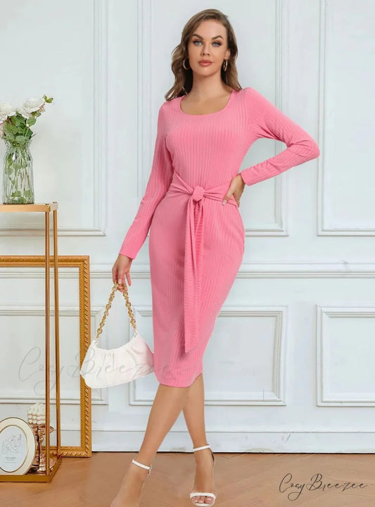 SPLIT PIT SOLID COLOR DRESS - LONG SLEEVED S / pink