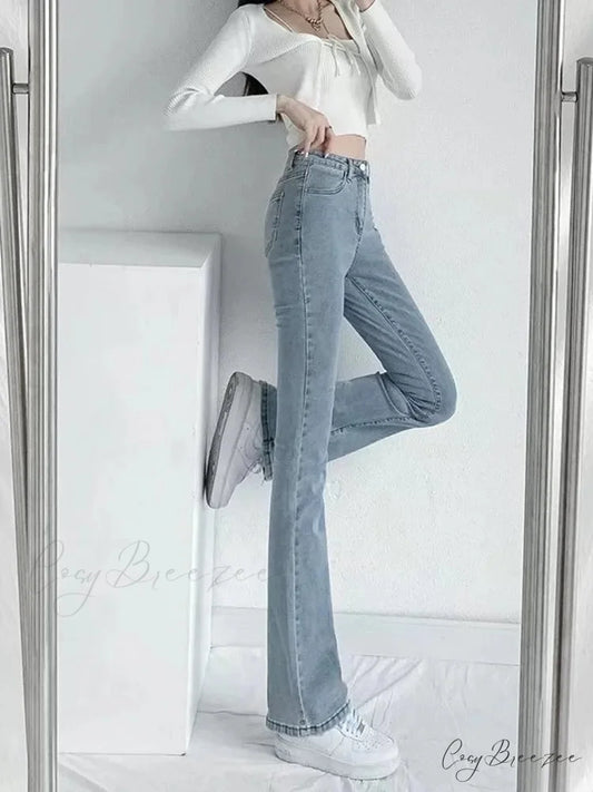 Split Spring and Autumn New High-Waisted Slim Fit Wide-Legged Trendy Jean Sky Blue / S