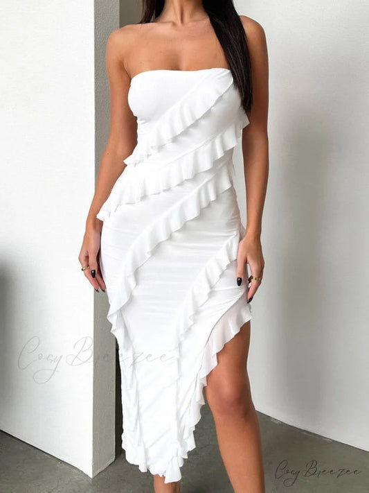 Split Strapless Full-Length Gown Ruffles - Sleeveless Elegant Women’s Off-shoulder Bodycon Clubwear White / S