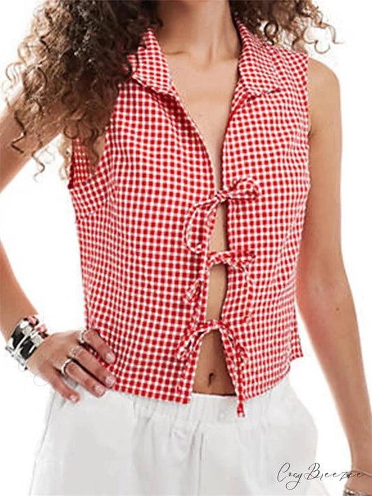 Split Tie-up Plaid Lapel Collar Tank Crop Top RED / S croptop-250126
