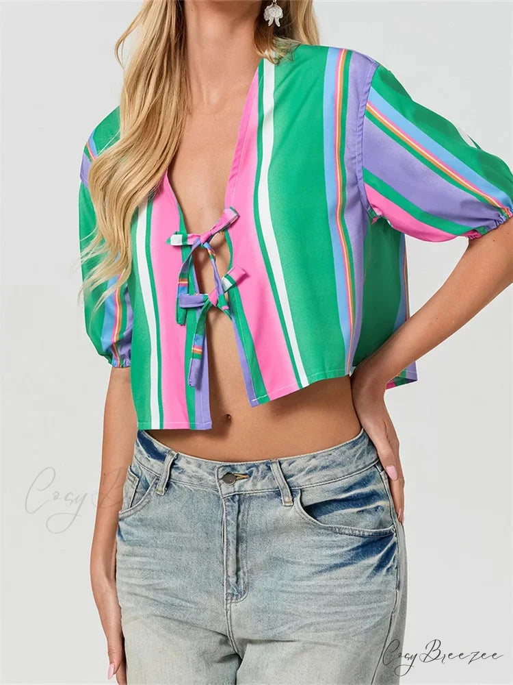 Split Tie-Up Puff Sleeve Shirt blouse-250223