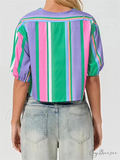 Split Tie-Up Puff Sleeve Shirt blouse-250223